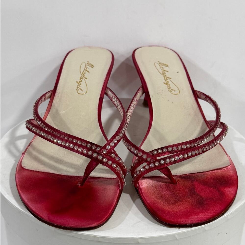 Y2K Michaelangelo Marly Red Satin Rhinestone Strappy Kitten Heel Sandals 8M